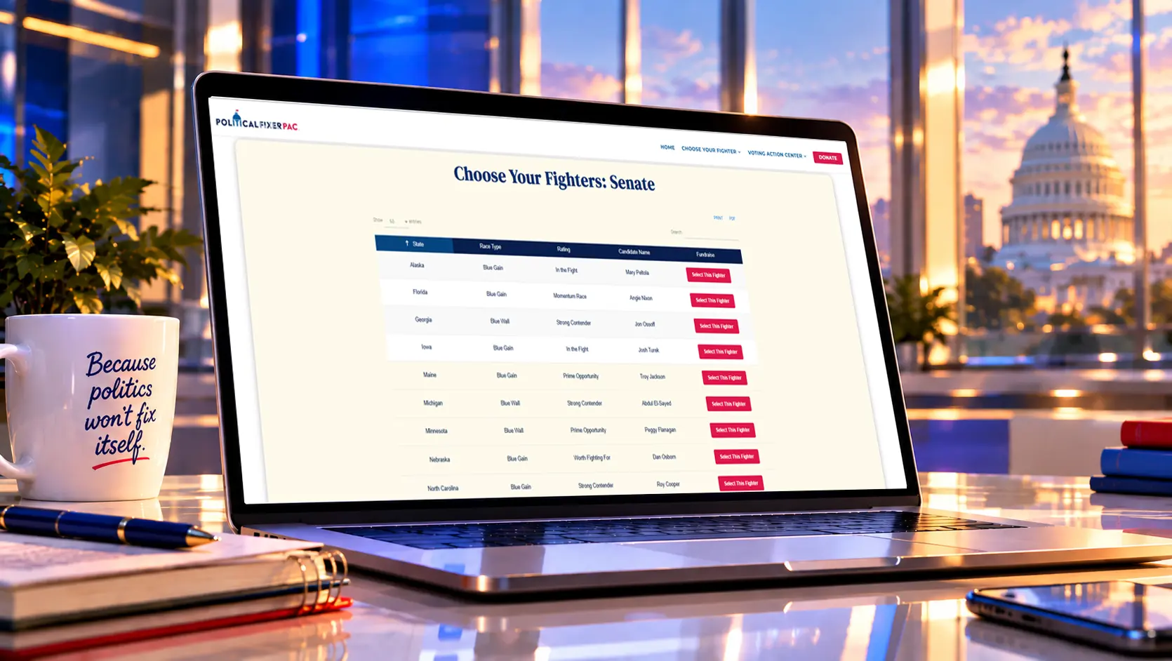 A laptop with the fighter selection screen